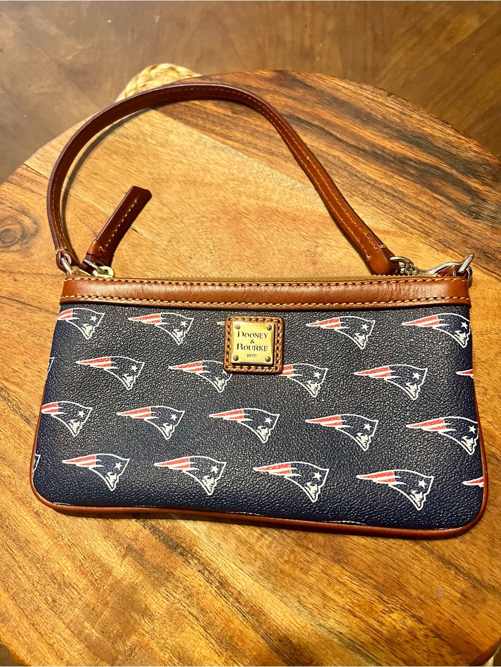 Dooney & Bourke Navy and Brown Patriots Logo Wristlet